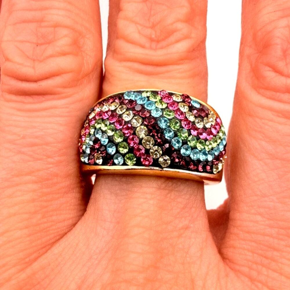 Vintage JCM Thailand Brass Rainbow Pave Crystal Statement Ring Size 8 Bold